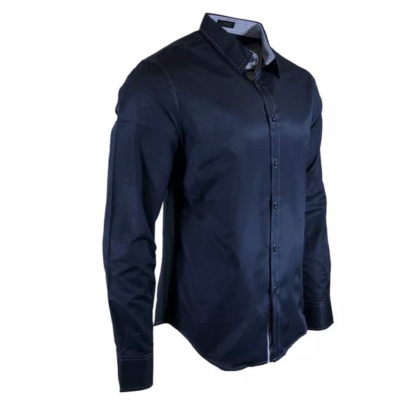 Black Men's long Sleeve Button down Shirt navy - Picture 6 of 9